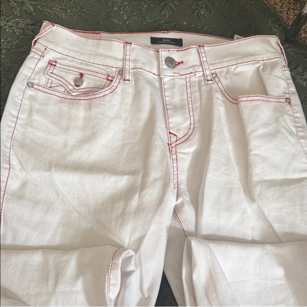 White Jeans with Red Stitching